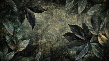 Dark moody textured background with lush green leaves frame.