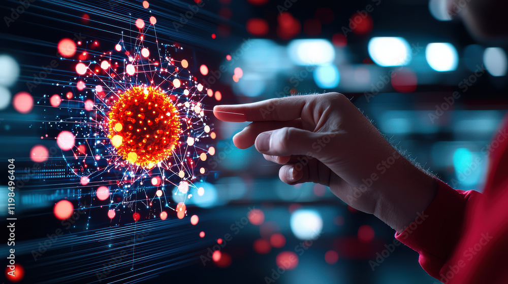 Poster researcher interacts with holographic representation of virus, showcasing advanced technology and sc
