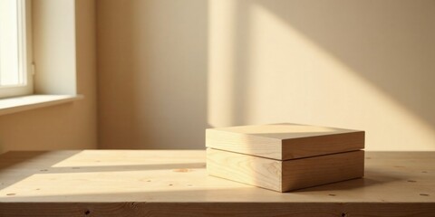 Wooden box on a light wood surface bathed in sunlight