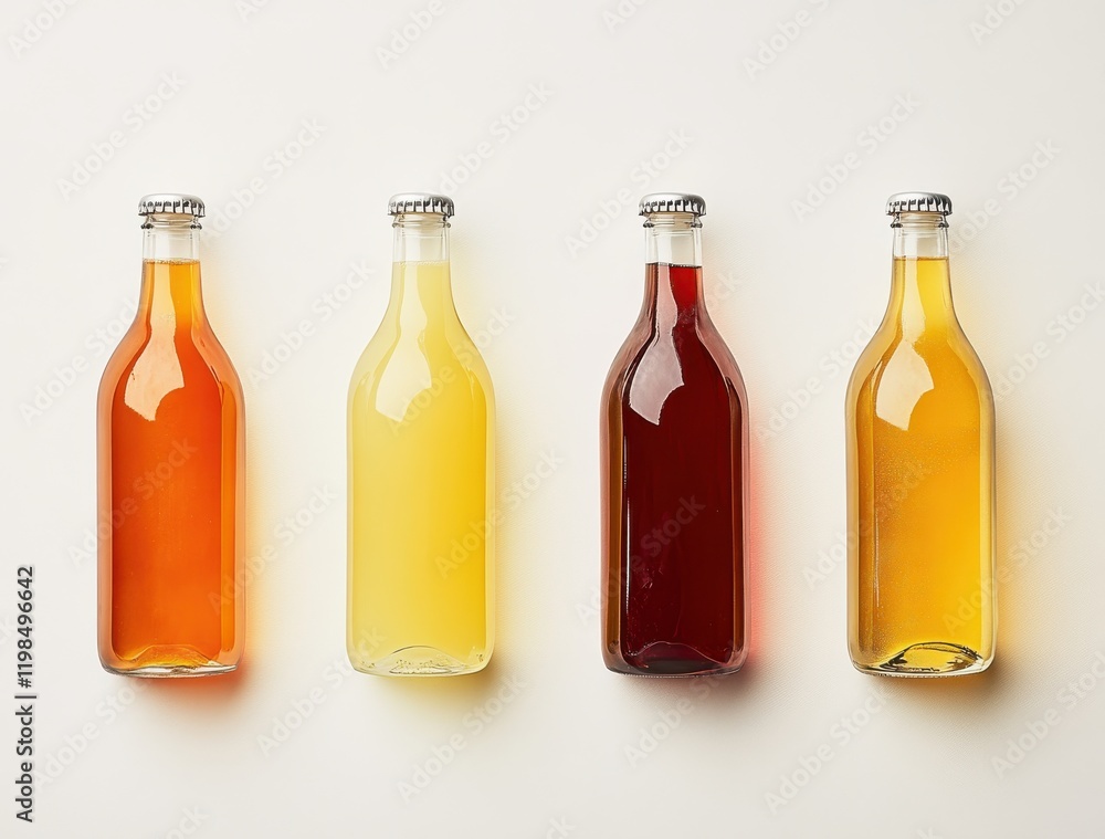 Poster a collection of four vintage glass bottles filled with colorful beverages displayed on a plain backg
