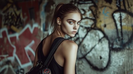 Fototapeta premium Mysterious Woman with Backpack Against Urban Graffiti Wall: A Fashion Photography Portrait
