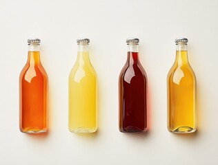 A Collection of Four Vintage Glass Bottles Filled with Colorful Beverages Displayed on a Plain Background Capturing Various Refreshing Tones and Textures