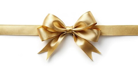 Fototapeta premium A luxurious golden ribbon tied in a perfect bow, elegantly presented against a pristine white backdrop, ideal for adding a touch of sophistication to any design project.