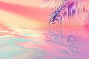 Dreamy Pastel Tropical Landscape with Reflecting Water and Palm Leaves.