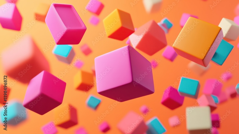 Poster abstract 3d render of floating colorful cubes on orange background.