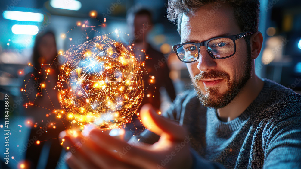 Poster innovative man with glasses holding glowing digital sphere, representing technology and creativity i