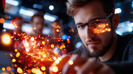 Innovative startup founder using augmented reality glasses to visualize data. scene captures modern workspace filled with technology and creativity, showcasing future of business