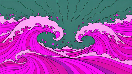 Psychedelic green wave design with pink accents