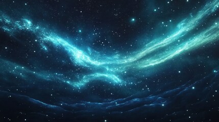 Deep Space Nebula and Starfield with Swirling Teal Clouds.