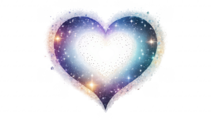 A celestial-inspired heart made of starlit crystal, with faint constellations visible inside and rainbow flares shining outward, on a white transparent background PNG.