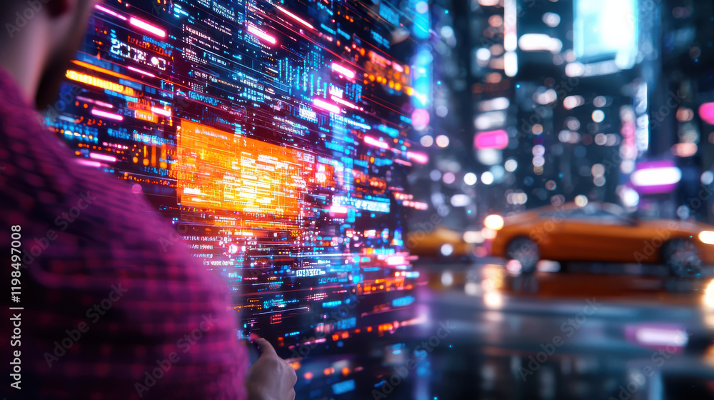 Aufkleber cinematic view of startup founder interacting with digital data in vibrant cityscape. scene captures essence of innovation and technology in urban environment