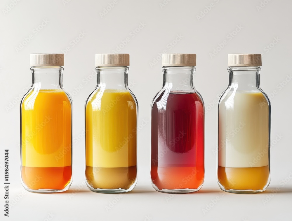Poster Aesthetic Display of Four Colorful Bottles Filled with Various Juices and Beverages on a Minimalist Background for Refreshing Atmosphere and Healthy Choices