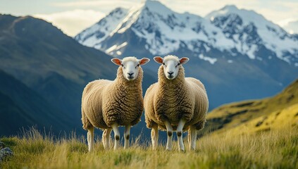 Naklejka premium Two Sheep Stand Serenely in Mountain Pasture, Majestic Peaks Background, Peaceful Scene, Breathtaking Scenery, Idyllic Setting, 