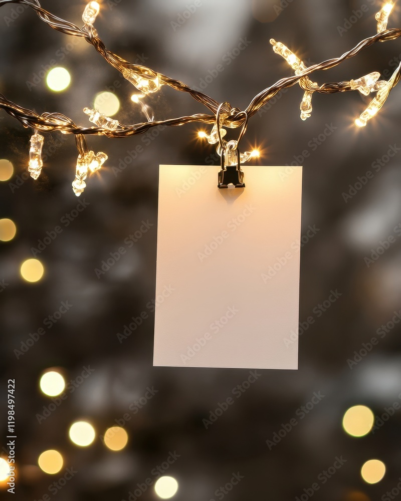 Aufkleber blank card hanging from string lights with bokeh background, copy space