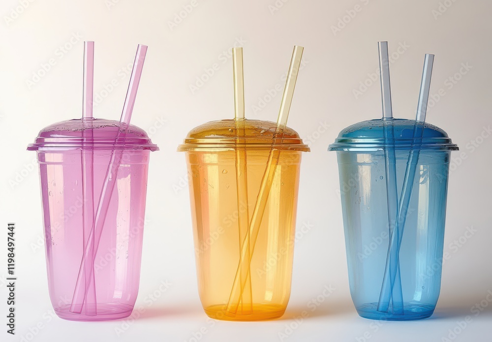 Poster bright and colorful plastic drink containers with straws on a soft background for refreshing summer 