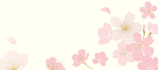 Spring Japanese Cherry blossom flower background vector. Sakura floral Wallpaper design of elegant gold line cherry blossom flower, branch. Illustration for banner, wall decoration, backdrop, ads.