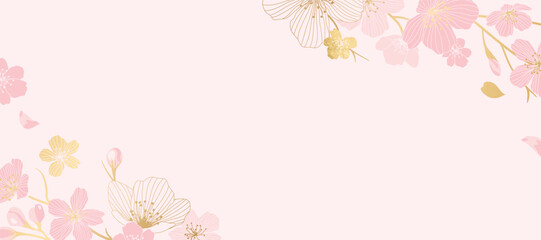 Spring Japanese Cherry blossom flower background vector. Sakura floral Wallpaper design of elegant gold line cherry blossom flower, branch. Illustration for banner, wall decoration, backdrop, ads. © babeer