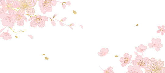 Spring Japanese Cherry blossom flower background vector. Sakura floral Wallpaper design of elegant gold line cherry blossom flower, branch. Illustration for banner, wall decoration, backdrop, ads. © babeer