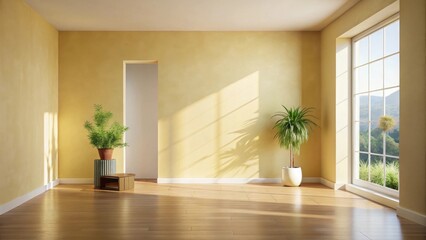 Sunlit Empty Room with Plants and Wooden Floor, Ready for Interior Design