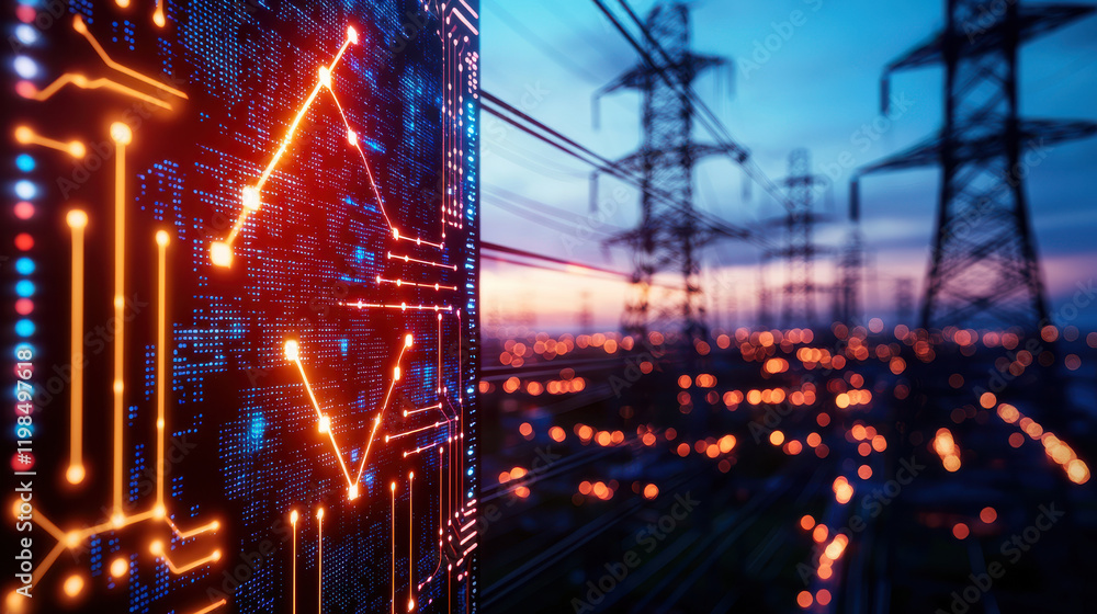 Poster cinematic view of illuminated energy stock board with glowing lines, showcasing data trends against backdrop of power lines and sunset sky