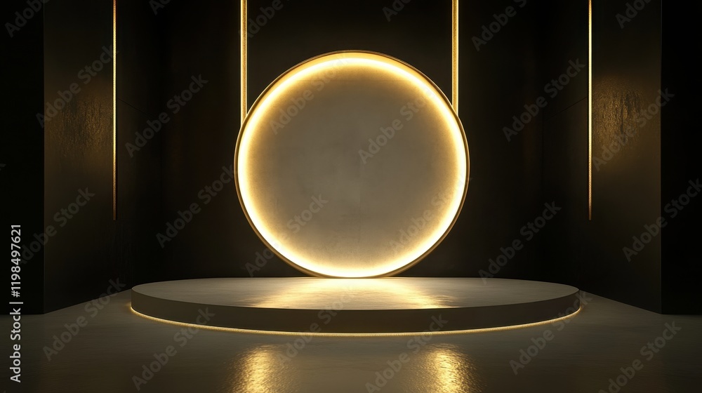 Poster minimalist abstract golden circle and platform stage with vertical lights on dark background.