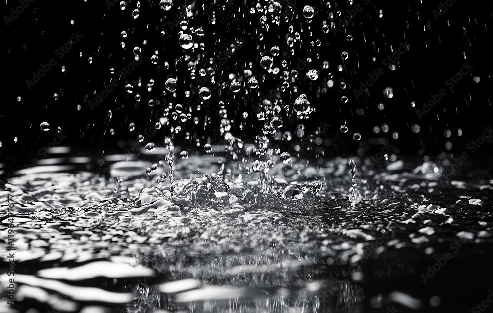 Poster captivating close-up of water droplets splashing on a dark surface, creating intricate patterns in a