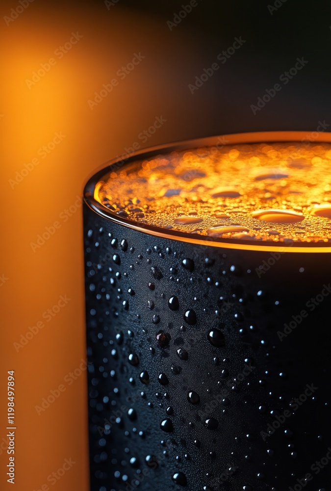 Poster close-up of a black cylinder with water droplets and warm illumination creating an atmospheric effec