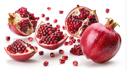 Pomegranate with seeds and whole fruit - A fresh pomegranate displayed alongside halved pieces, showcasing vibrant red seeds and juicy, ripe fruit.  
