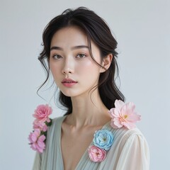 Chic beauty portrait of a young Asian woman wearing a shirt photographed with flowers. photo from a distance with a white background