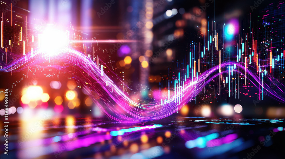 Aufkleber Cinematic view of economic trends with vibrant data visualization, showcasing colorful graphs and abstract light effects in modern city setting