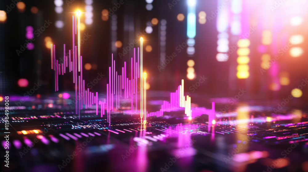 Poster vibrant digital representation of economic trends with colorful graphs and data visualizations. abstract design showcases dynamic movements and fluctuations in futuristic setting