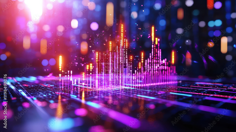 Leinwandbilder vibrant digital landscape showcasing economic trends through colorful data visualizations. abstract representation features glowing bars and lights, creating futuristic atmosphere