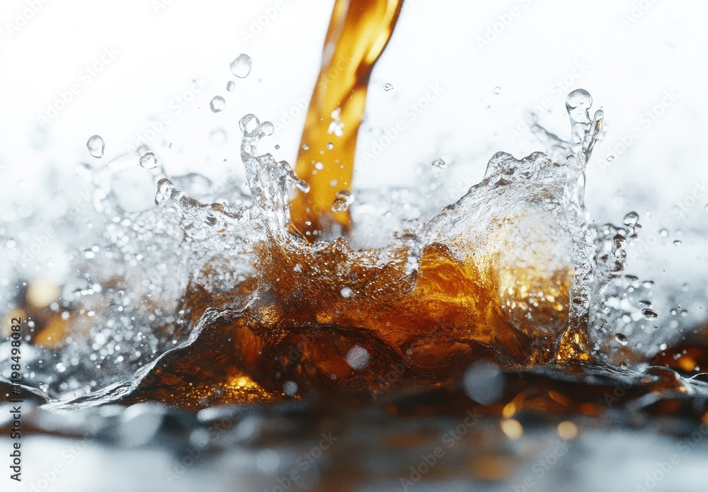 Aufkleber close-up of dark liquid splashing into water with bubbles and droplets creating dynamic movement and