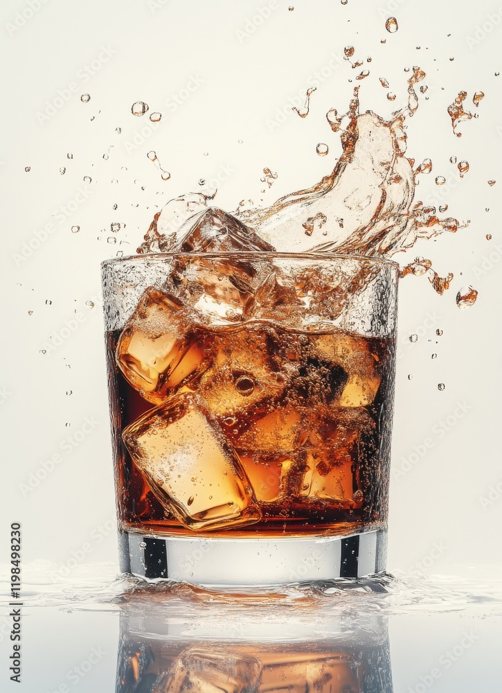 Poster close-up view of a glass filled with refreshing dark beverage and ice cubes, capturing the dynamic s