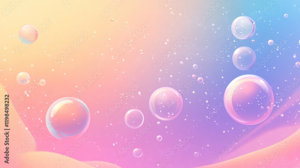 Poster abstract pastel gradient background with floating bubbles and sparkling particles.