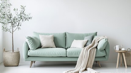 Bright, airy living room featuring a mint green sofa, white walls, and cozy throws. A perfect blend of modern and inviting