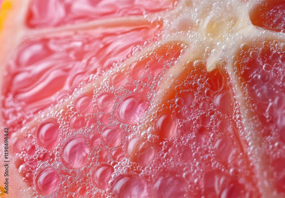 Poster close-up view of fresh grapefruit segment covered in refreshing water droplets showcasing juicy text