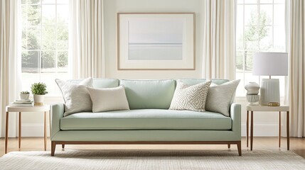 Fototapeta premium Clean and modern living room featuring a mint green sofa, white walls, and a soft, neutral-toned rug. Simple yet sophisticated decor.