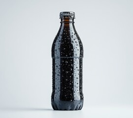Dark Soda Bottle with Water Droplets on Surface, Isolated on Light Background, Refreshing Beverage Concept, Modern Design, Minimalist Style, Studio Photography