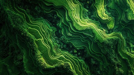 Obraz premium Aerial View of Lush Green Rice Terraces with Winding Contours and Forest Patches.