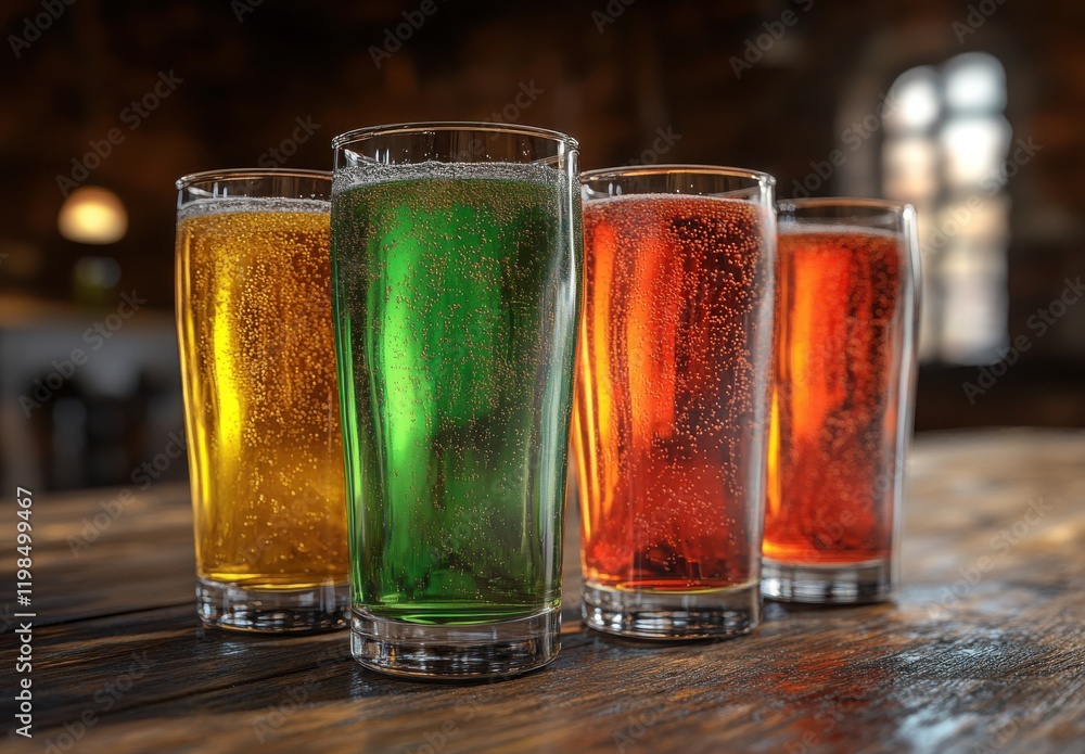 Poster four colorful drinks in glasses with bubbles on a rustic wooden table surrounded by soft ambient lig