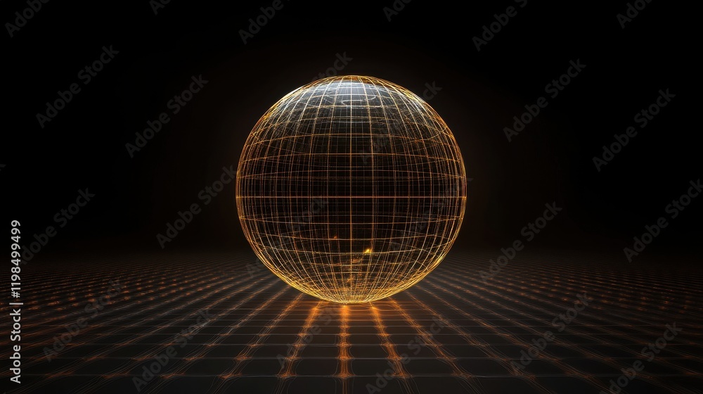 Poster luminous wireframe sphere on grid in dark background, 3d render.