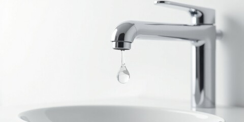 A Single Drop of Water Falling from a Modern Chrome Faucet in a Pristine Bathroom Setting
