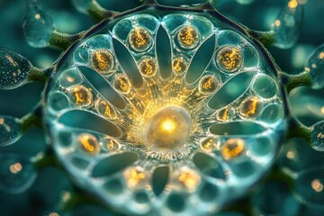 Naklejka premium Intricate, bioluminescent organism with glowing orbs within a translucent, organic structure.