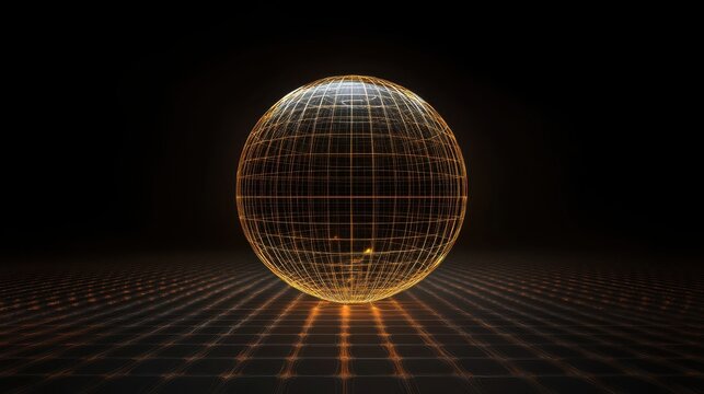 Luminous Wireframe Sphere on Grid in Dark Background, 3D Render.