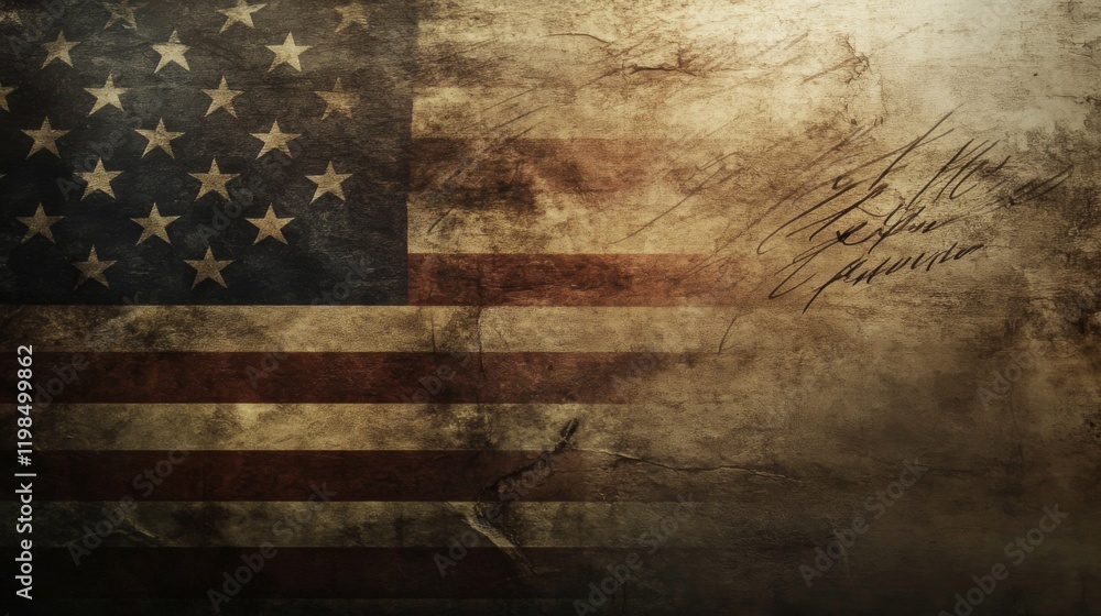 Poster aged and worn american flag art with patriotic theme on dark background with cursive text element