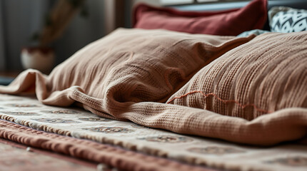Cozy and Comfortable Bedroom Setting with Textured Pillows and Bedding.  A Serene and Relaxing Atmosphere for a Peaceful Night's Sleep.