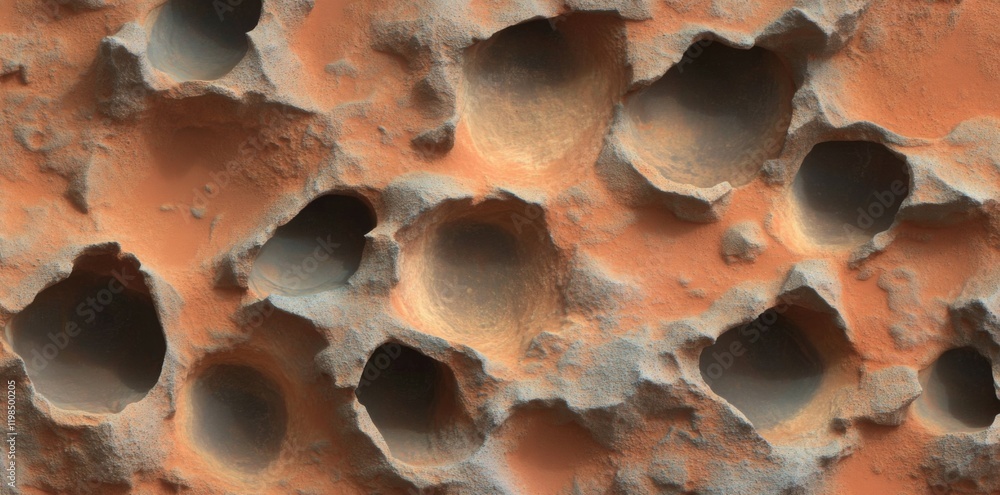 Poster close-up of rough and uneven reddish-brown planet surface with small circular indentations and varyi