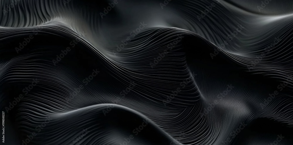 Poster close-up of shiny metallic black fabric with wavy, curving texture and smooth gloss finish creating 