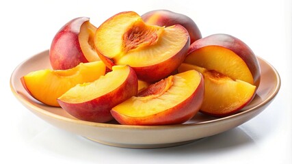 Sliced peaches on ceramic plate - A plate of juicy, ripe peach slices with vibrant orange and red hues, perfect for snacking or desserts.